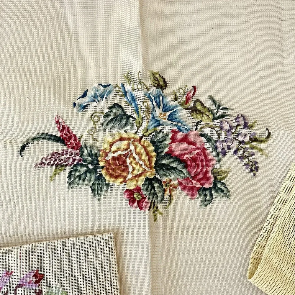 Antique Lot 3 Pieces Wool Needlepoint Tapestry flowers Four Wives unframed roses